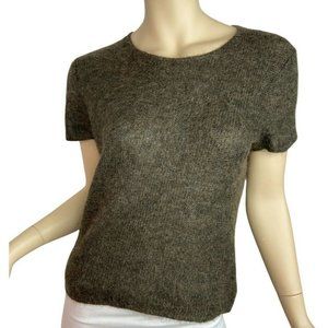 Vintage Anne Klein Sweater Top Fuzzy Knit Crewneck Short Sleeve Brown Small
